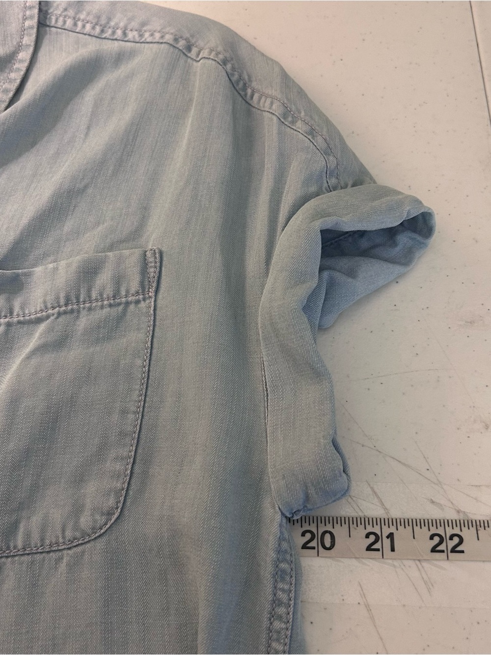 Lola River Blue Denim Chambray small Button Up Light Wash Short Sleeve Shirt - Picture 6 of 9